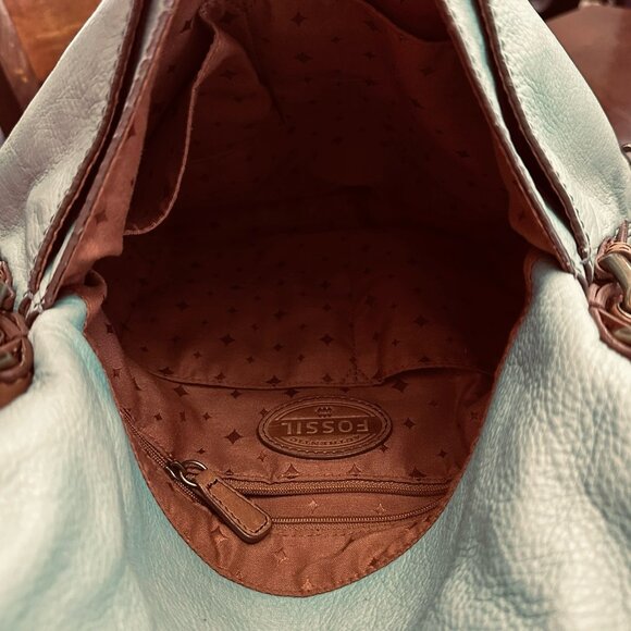 Fossil Purse Light Teal Green Aqua Shoulder Bag Leather Cowhide Fold-Over - Picture 6 of 11